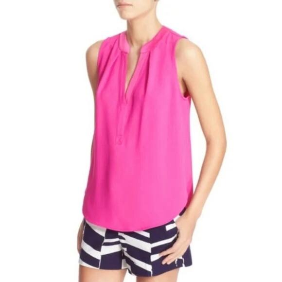Trina Turk Pink Priya Crepe Sleeveless Split Neck Top Size S - Picture 7 of 7
